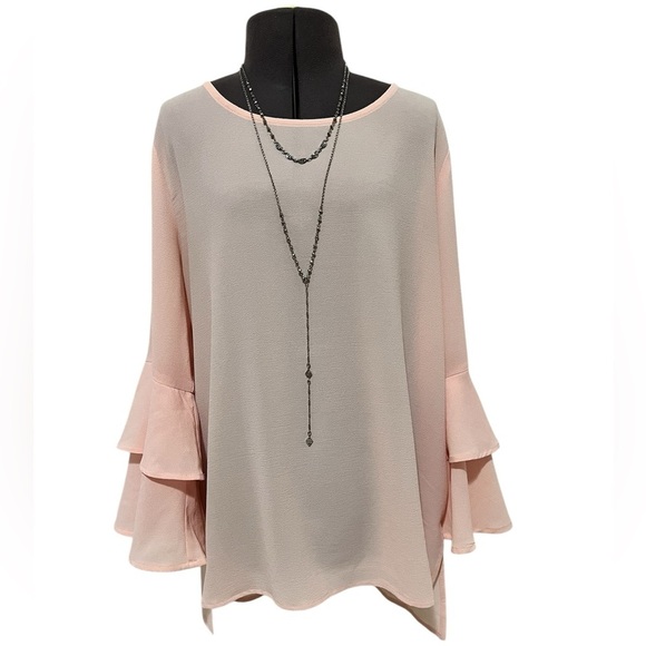 Gibson Tops - Gibson Pink Bell Ruffle Sleeve Blouse with Hi Low Hemline Size S